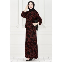 Sevitli Eteği Fırfır Yaprak Desenli Viscon Elbise-bordo-3891-bordo Bordo