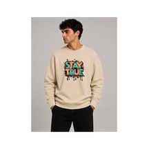 Herkesemoda Stay True Detaylı Bisiklet Yaka Şardonlu 2 İplik Sweatshirt Bej