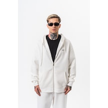 Erkek Respire Yazı Detaylı Kapüşonlu Basic Zip Oversize Hoodie Ekru