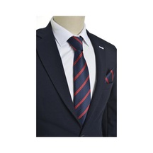 Brianze Kırmızı Çizgili Lacivert Mendilli Kravat Lacivert