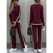 Bhrwear Kadın Uzun Kollu Bisiklet Yakalı Yan Şerit Detaylı Yırtmaçlı Viskon Iki Iplık Bluz Ve Pantolon Ikili Takım Renkli