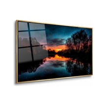 Yıldızlı Gecede Gün Batımı Gölü Gold Çerçeveli Cam Tablo