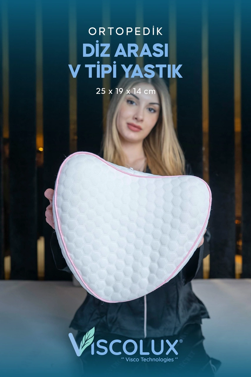 Diz Arası Ortopedik Yastık - V Model Diz Arası Yastık Visco Yastık 25x25x15 Pembe