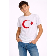 Erkek Çocuk Tişört Bisiklet Yaka Ay Yıldız Bayrak Baskılı T-shirt - Beyaz