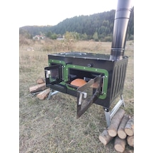 Yeşil Çadır Sobası Kuzineli Fırınlı Taşınabilir Kamp Sobası Yeşil