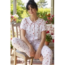 Siyah İnci Yakalı Büyük Beden Battal Düğmeli Fitilli Kaşkorse Örme Pijama Takım26120801 Beyaz Kiraz