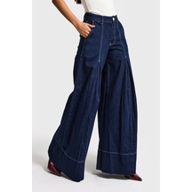 Itsbasic Kadın İndigo Renk 7s6-50 Süper Palazzo Fit Paça Detaylı Denim Jean