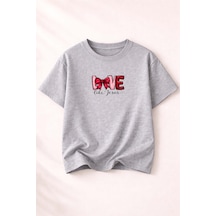 Herkesemoda Love Baskı Detaylı Kadın Bisiklet Yaka Pamuklu T-shirt Gri
