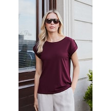 Jument Kadın Kaliteli Likrasız Span Kumaş Geniş Sıfır Yaka Duble Kollu Apoletli Düğmeli T-shirt Bluz-bordo