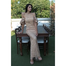 Feminist Gold Üzeri Taş Boncuk İşlemeli Balon Kol Abiye 9705417.122 Gold