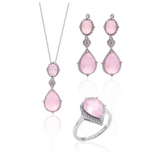 Pembe Kuvars Taşlı Damla Model 925 Ayar Gümüş Dörtlü Set 20102353