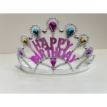 Gümüş Renk Happy Birthday Yazılı Doğum Günü Tacı 60  Cm
