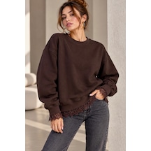 Bb Butik Basic Dantel Detaylı 3 İplik Şardonlu Kadın Sweatshirt My3535 Kahverengi