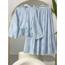 Lovie Moda Brode Detay Tesettür Etekli Takım Mavi