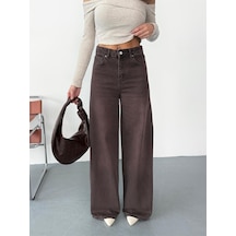 Kadın Kahverengi Taşlamalı Baggy Jean Yüksek Bel Geniş Paça Kot Pantolon Kahverengi+taşlamalı Baggy