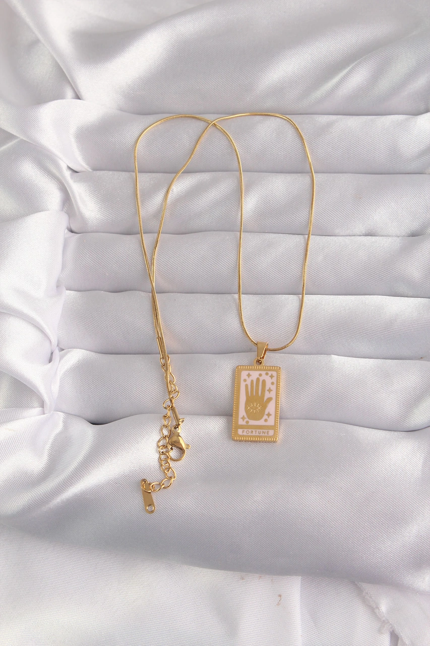 316l Çelik Gold Renk Pembe Mineli El Figür Tarot Kolye Renkli