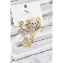 Pirinç Zirkon Taşlı Geometrik Model Gold Renk 3'lü Kadın Küpe Diğer