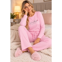 C&City City Love Kadın Pembe Fitilli Uzun Kollu Baskılı Pijama Takımı Açık Pembe