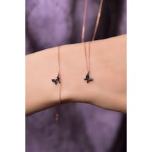 Papatya Silver 925 Ayar Gümüş Rose Kaplama Siyah Zirkon Taşlı Mini Kelebek Kolye ve Bileklik Set