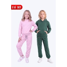 Panios Kids 2'li Kız Çocuk Düz Kanguru Cepli Kapüşonlu 4 Parça Eşofman Takımı Pembe-haki