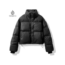 Yeni Kışlık Yıkanmayan Deri Kısa Kalınlaştırılmış Kadın Pamuklu Mont Siyah