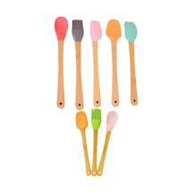 Mucit Home Renkli 8'li Bambu Saplı Silikon Uçlu Spatula Fırçalı Kaşık Seti Çok Renkli