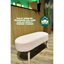 Paris Retro Ahşap Ayaklı Geniş Oturum Alanlı Oval Bench Puf Pembe