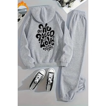 Unisex We Need Baskılı Kapüşonlu Gri Eşofman Takımı - Kışlık Şardonlu Kumaş Gri