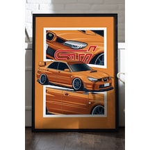 Subaru Wrx Stı Siyah Ahşap Çerçeveli Poster, Dekoratif Araba Duvar Tablosu