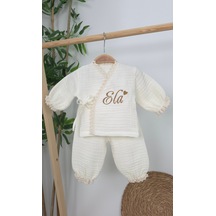 Gros Shop Müslin Yeni Doğan 4katlı Organik %100pamuk Kişiye Özgü Nakışlı Hastane Çıkış Seti Kalpli Model-3 Ekru