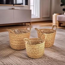 3'lü El Yapımı Doğal Hasır Kulplu Yuvarlak Saksı Seti, Hasır El Yapımı Suya Karşı Koruma Poşetli Yuvarlak Örgü Saksı 3'lü Set, Rattan Saksı Seti, 24cm 22cm-22cm 20cm-20cm 18cm 001