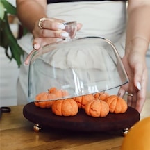 Akayev Ahşap 24 Cm Altın Boncuk Ayaklı Cam Fanus Kahverengi