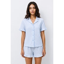 Kadın Desenli Trend Mavi Pijama Takımı