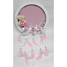 Tüfekçioğlu Ayıcıklı Ledli Yuvarlak Ahşap Pano Bebek Kapı Süsü Beyaz - Pembe Gri