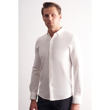 İmza Ekru Uzun Kol Düğmeli Yaka Kendinden Desenli Pamuklu Slim Fit Gömlek 1004255267 Ekru