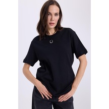 Tudors Kadın Relax Fit Rahat Kesim %100 Pamuk Yumuşak Dokulu Hafif Kalın Basic Bisiklet Yaka Siyah Tişört-37823 Siyah