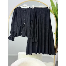Lovie Moda Kolları Büzgülü Belden Bağlamalı Tesettür Etekli Takım Siyah