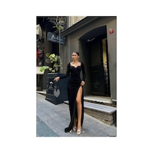 DefyModa Kadın Kalp Yaka Yırtmaçlı Uzun Kollu Abiye Elbise Siyah