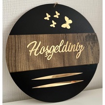 Hoşgeldiniz Yazılı Kelebek Detaylı Aynalı Pleksi Ahşap Kapı Süsü Dekoratif Siyah