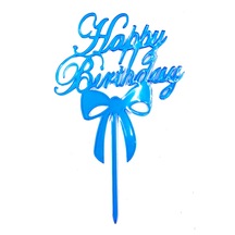 Happy Birthday Yazılı Mavi Renk Pasta Süslemesi Kek Çubuğu 13 C