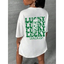 Lucky Süprem T-shirt - Beyaz Baskılı Oversize Bisiklet Yaka Kısa Kol Tişört Beyaz