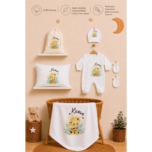 Pia Baby İsme Özel Hastane Çıkışı %100 Pamuk Erkek Bebek Organik Baskılı Tulum Set Keseli Hediyelik 2064tybk3x Krem