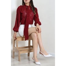 Modi Fularlı Dantel Bluz Bordo - 75336.1228. Açık Bordo