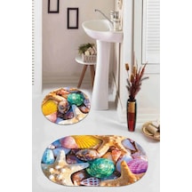 Renkli Marin Desen Oval 2'li Banyo Klozet Paspas Seti Bs097n11 Çok Renkli
