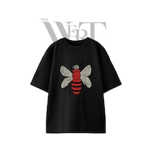 Thewert Red Bee Tasarım Baskılı Ünisex Siyah Oversize T-shirt