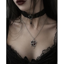 Gotik Kırmızı Kalp Damla Tasarım Unisex Kolye Gümüş Renk Zincir Çok renkli