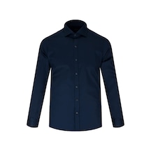 Hatemoğlu Lacivert Slim Fit Açık İtalyan Yaka Pamuklu Saten Uzun Kollu Gömlek