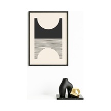 Doğal Ahşap Çerçeveli Minimal Siyah Desenli Tablo - Modern Huhu1424