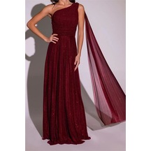 Neşeli Butik Kadın Bordo Tek Omuz Pilise Detaylı Simli Tül Kumaş Abiye Elbise Nbswll16