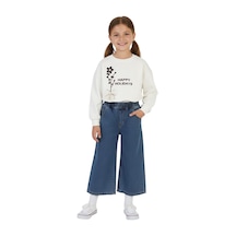 Erdem Kıds Kız Çocuk Bayramlık Günlük - Casual Geniş-bol Paça Palazzo Kot Pantolon-sweatshirt İkili Takım Beyaz Beyaz